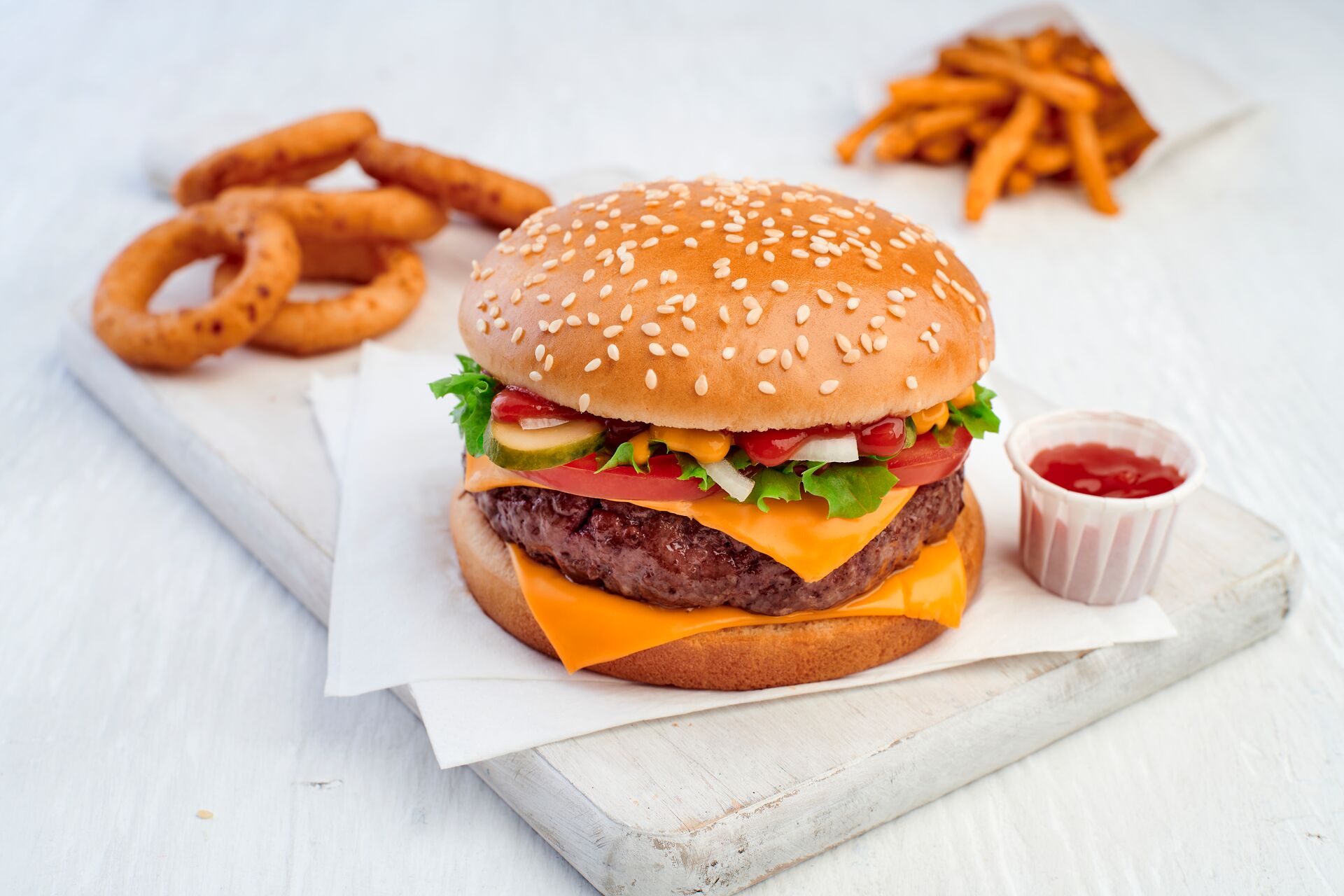 Baker Street Mega Seeded Burger Bun Cheesburger With Fries & Onions Rings